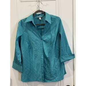Dressbarn Teal Button Down Pleated Texture 3/4 Sleeves Perfect for Spring EUC
